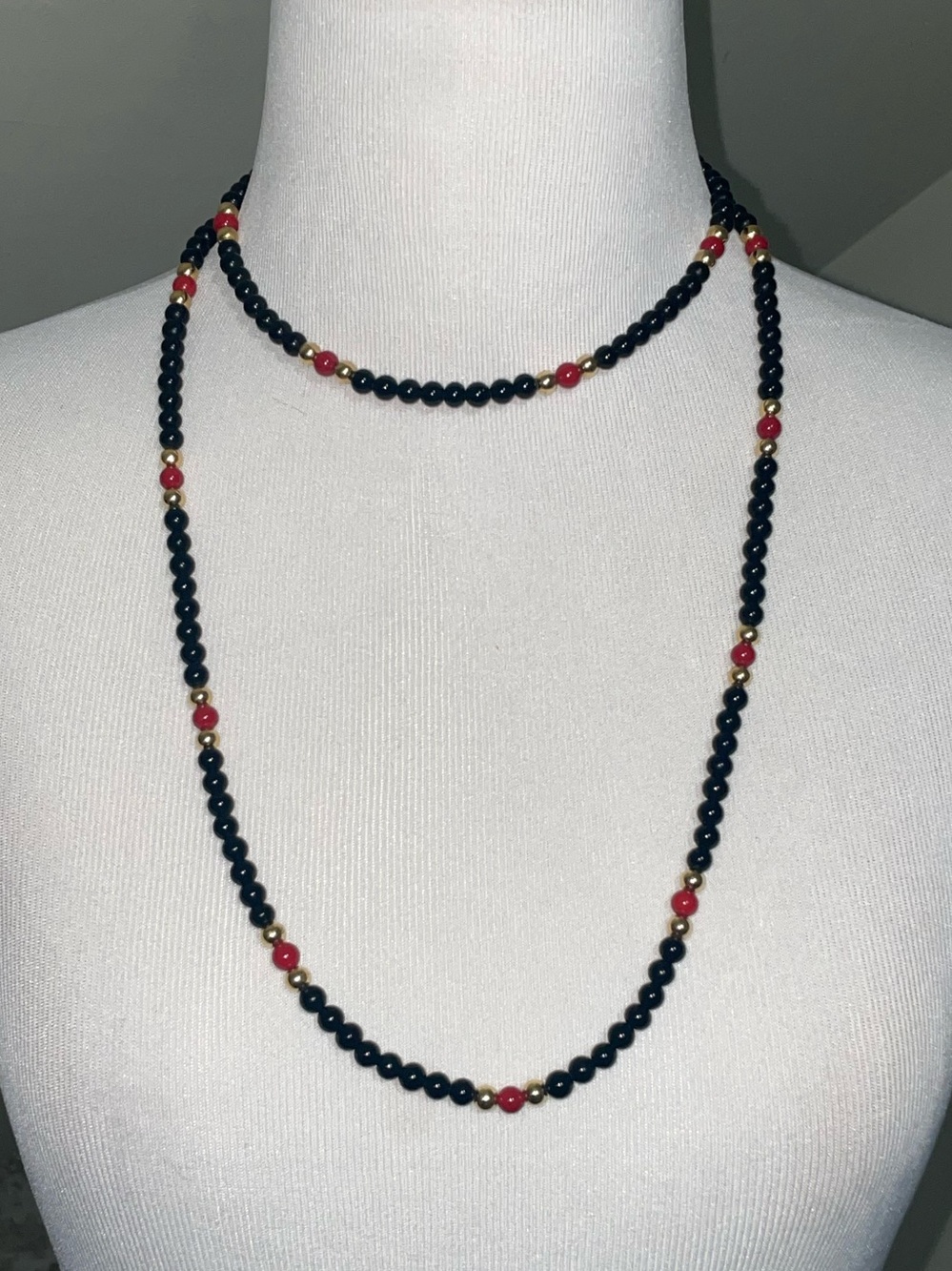 Set of two Trifari Black Beaded Necklace with Red and Gold Accents